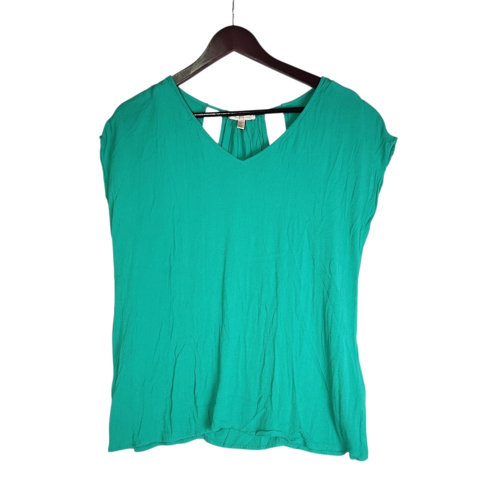 Skies Are Blue Gena Cut Out Detail Top Teal Green Blouse XL V-Neck Cap Sleeve